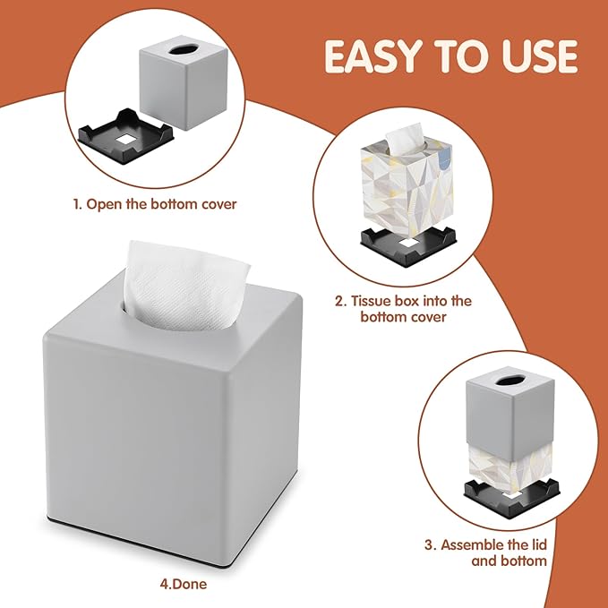 Y-in Hand Tissue Box Cover, Square Facial Tissue Holder Storage for Bathroom Vanity, Countertops, Dressers, Night Stand, Parlors and Offices - Grey