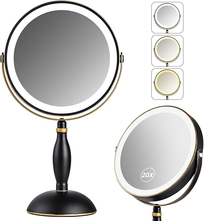 Lighted Makeup Mirror, 20x Magnifying Rechargeable Double Side Vanity Mirror, 3 Color Lights with Brightness Adjustable, Matte Black with Gold Trim, Modern Style Side Touch + Side Charge, Women Gift