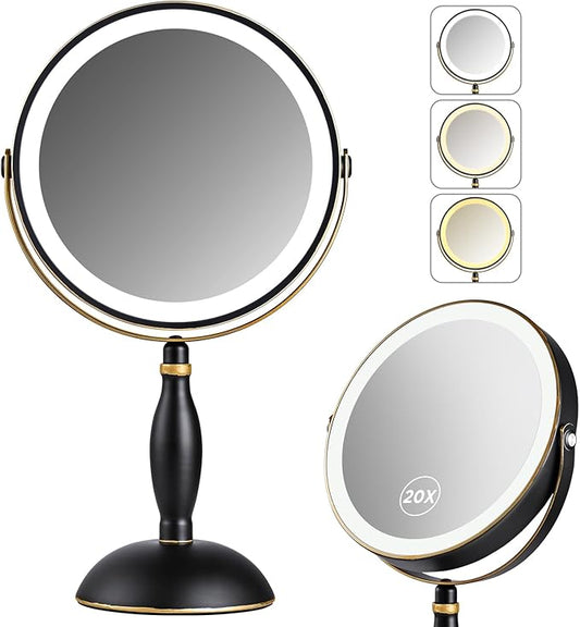 Lighted Makeup Mirror, 20x Magnifying Rechargeable Double Side Vanity Mirror, 3 Color Lights with Brightness Adjustable, Matte Black with Gold Trim, Modern Style Side Touch + Side Charge, Women Gift
