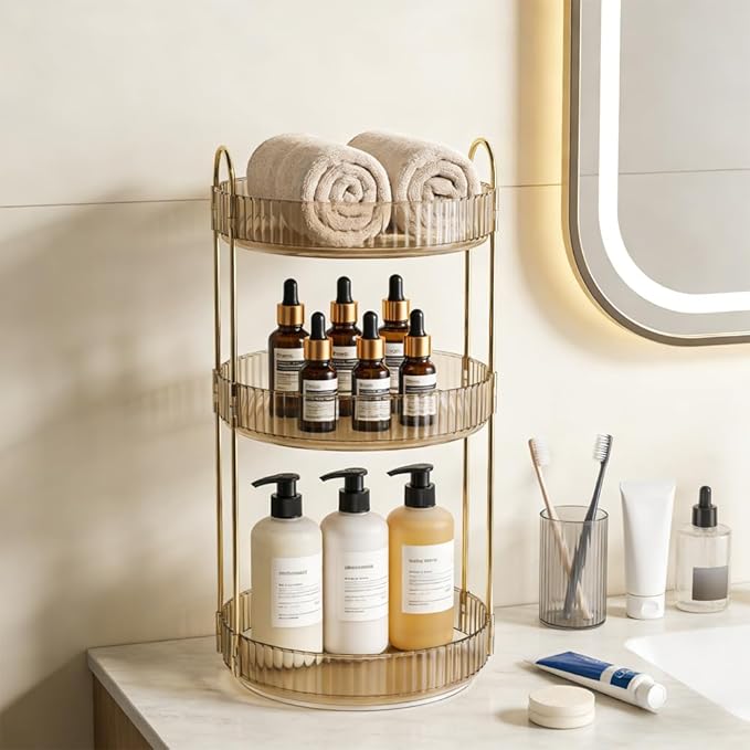 AKAZA 360 Rotating Makeup Organizer, 3-Tier Lazy Susan Turntable - Spinning Holder for Bathroom, Vanity, Skincare, Perfume, Spice, Toiletries, Acrylic Countertop Storage for Home (YELLOW)