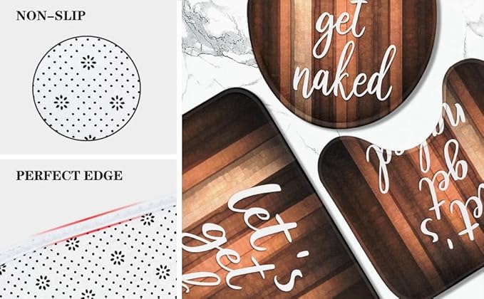 ArtSocket 4PC Let's Get Naked Orange Brown Striped Vintage Abstract Shower Curtain Sets Bathroom Decor with Rugs, Non-Slip Rug,Toilet Lid Cover, Bath Mat and 12 Hooks 72x72 inches