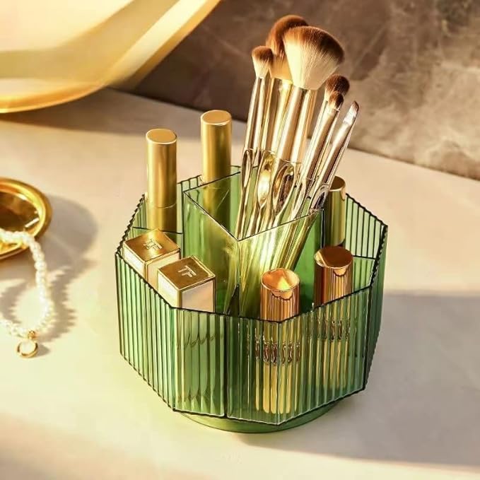 Makeup Brush Holder, 360?? Rotating Makeup Brush Organizer, Cosmetic Brushes Storage with 5 Slots for Vanity, Multi-Functional Pen Holder, Colored Pencil, Art Brushes Organizer for Desk (Green)