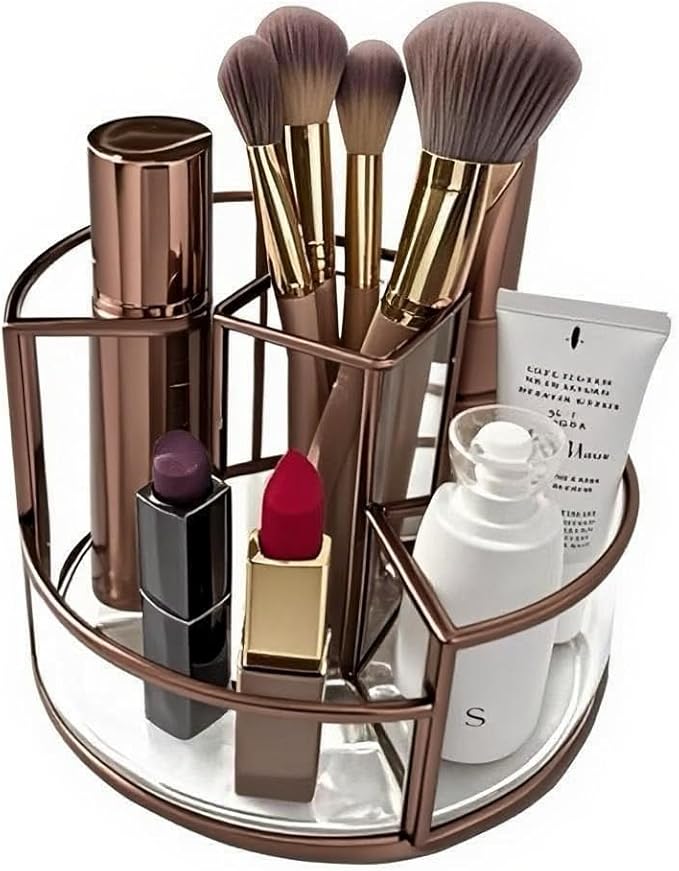 360° Rotate Makeup Brush Holder, Makeup Organizers Countertop, Perfume Tray, Bathroom Organizer and Storage for Eyeliner,Lipstick, Lazy Susan Organizer for Vanity Cabinet Dresser Bathroom (Brass)