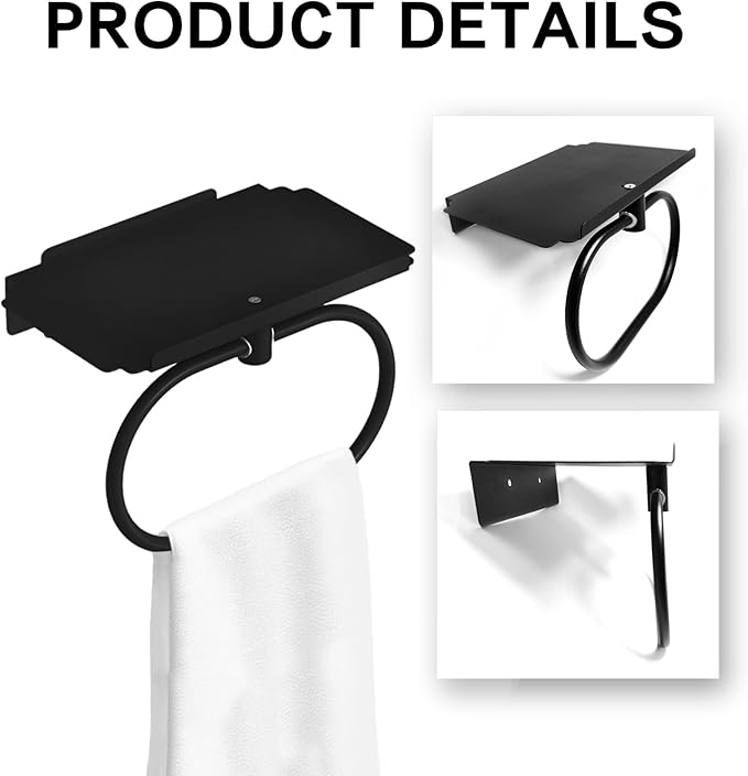 Towel Holder with Shelf, Carbon Steel Heavy Duty Wall Mounted Towel Rack Maijdoany for Bathroom Kitchen, Matte Black Hidden Hand Towel Hanger Ring with Storage Shelf