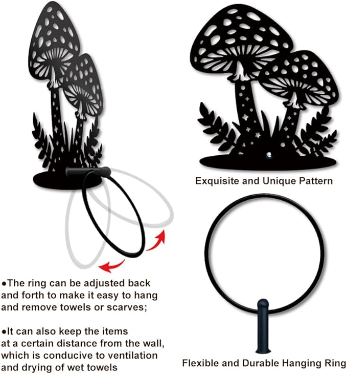 MAYJOYDIY Mushroom Metal Towel Ring Mushroom Leaf Towel Holder Star Dots Pattern Towel Ring Black Art Towel Rack Wall Mounted for Bathroom Kitchen Towel Hanger Home Decors Gift