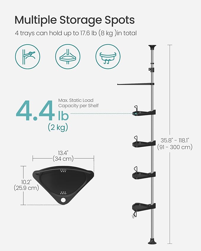 SONGMICS Corner Shower Caddy Tension Pole, 4-Tier Rust-Resistant Shower Organizer, Shower Shelf, Drill-Free, 35.8 to 118.1 Inches, Height Adjustable Trays, for Bathroom, Ink Black UBCB008B01