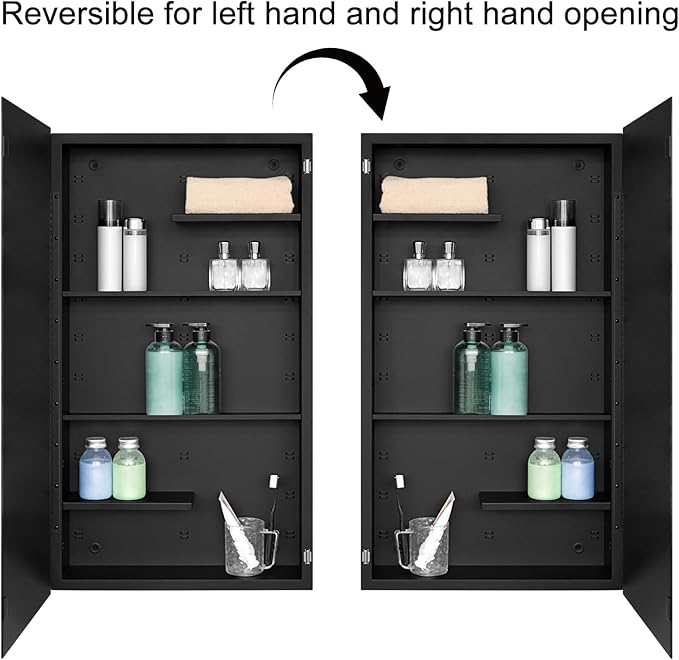 Fundin Black Medicine Cabinet Recessed or Surface Mount, Bathroom Medicine Cabinet with 20 x 36 Mirror Size and Adjustable Staggered Shelves
