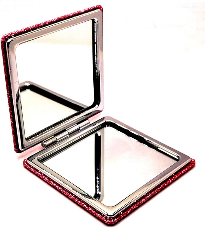 Square Pink Compact Mirror for Women,Small Magnifying Travel Mirror with Glitter,Portable 2 x 1x Magnification Folding Pocket Makeup Mirror Cosmetic Mirror for Gift Travel Essentials