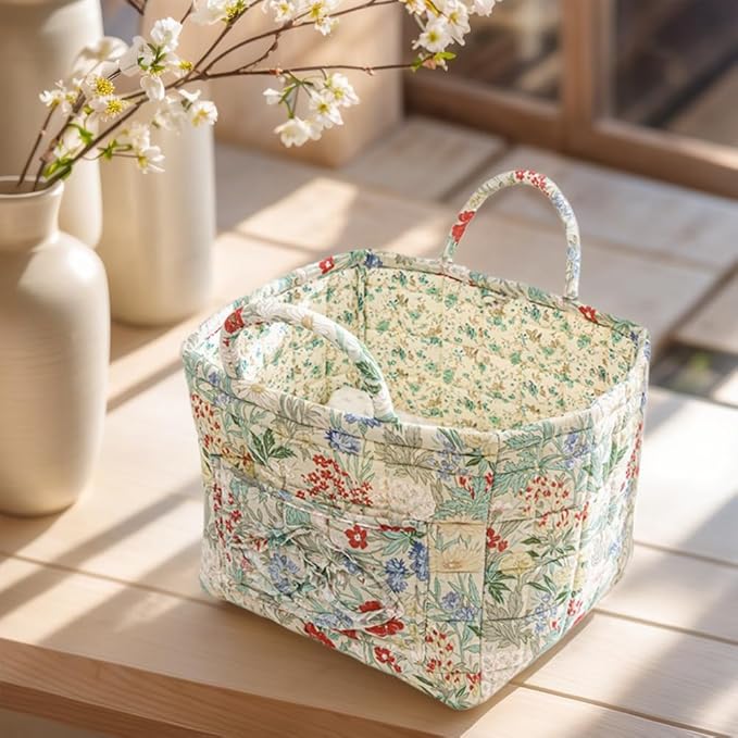 Quilted Fabric Storage Basket Boho Floral Laundry Hamper with Handle Foldable Floral Basket Organizer for Car Bedroom