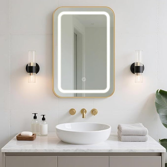 SogesHome Wall Mounted Mirror Medicine Cabinet 24"X16" with LED Lights, Rectangular Vanity Mirror Storage with Shelves, Modern Recessed Mirror Medicine Cabinet for Bathroom, Bedroom, Gold