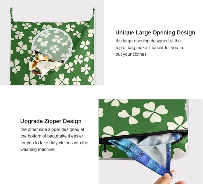St. Patrick's Day Clovers Green Door Hanging Laundry Hamper Bag with Free Adjustable Stainless Steel Hooks Dirty Clothes Hamper Extra Large Over the Door Laundry Hamper 29.5X20inch 1 PCS