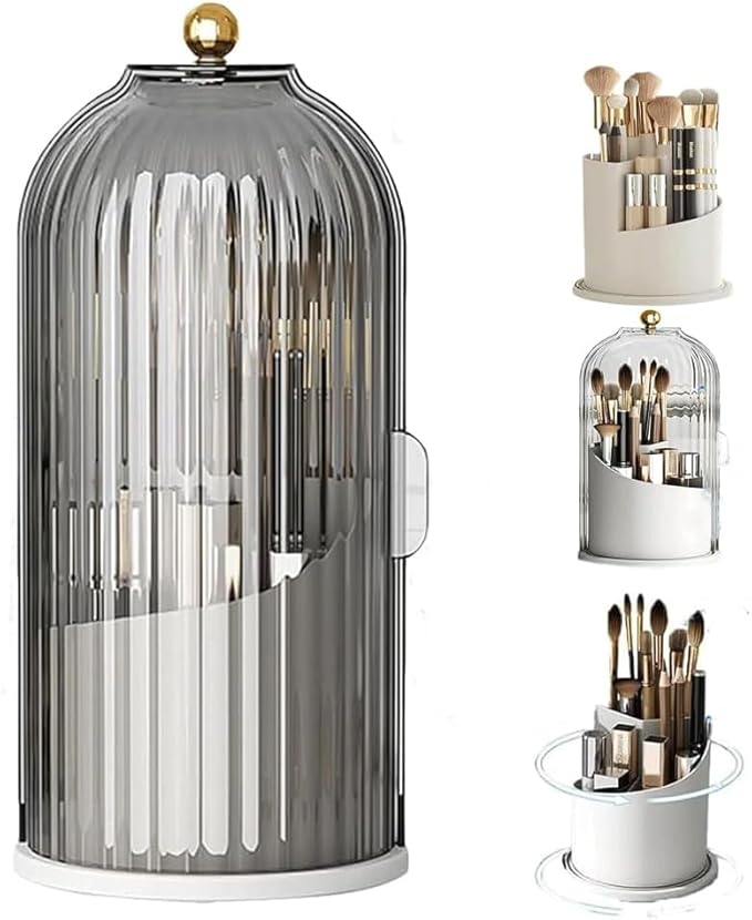 Makeup Brush Holder Organizer with Cover, 360?? Rotating Dustproof Make up Brush Holder Cosmetic Tools Organizer for Vanity, Concealed Toothbrush Holder for Bathroom Countertop