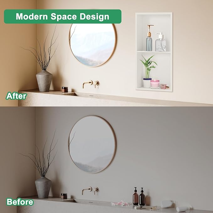SaniteModar Shower Niche, Stainless Steel Shower Niche No Tile Needed, Recessed for Bathroom Storage (Warm White, 24" x 12",Double)