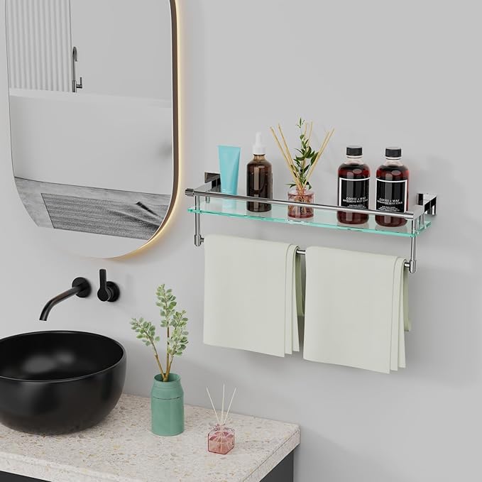 24 Inches Floating Glass Shelves for Wall with Towel Bar/Track, SUS 304 Stainless Steel Railing Tempered Glass Shelf, for Toilet, Room Decor Modern (Chrome Polished, 24-inch)