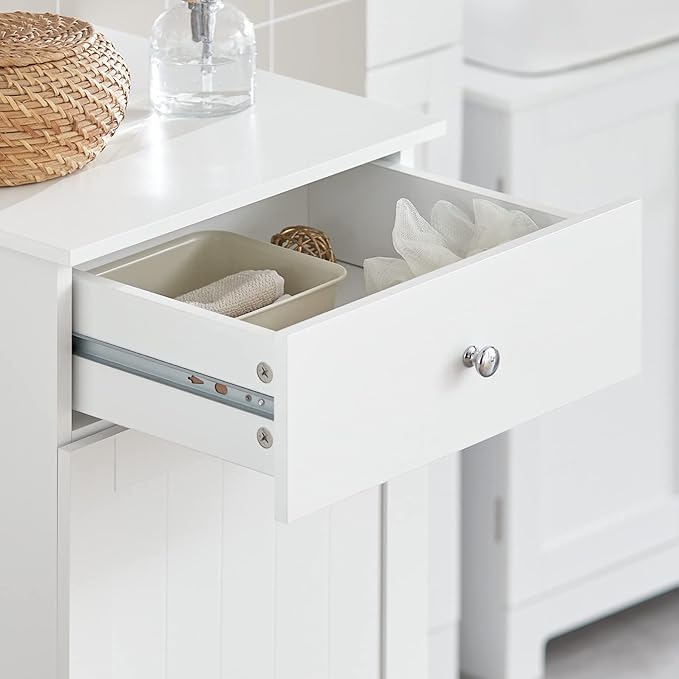SoBuy Slim Tilt-Out Laundry Hamper Cabinet, Smal Pull-Out Bathroom Storage Unit with Shelf&Drawer, Narrow Hidden Basket Chest Bath Cupboard, White BZR21-W