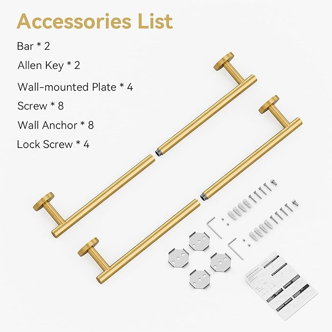 Brushed Gold Towel Bar, 24 Inch Towel Rack for Bathroom Wall-Mounted, SUS304 Stainless Steel, Total Length 26 Inch 2 Pack