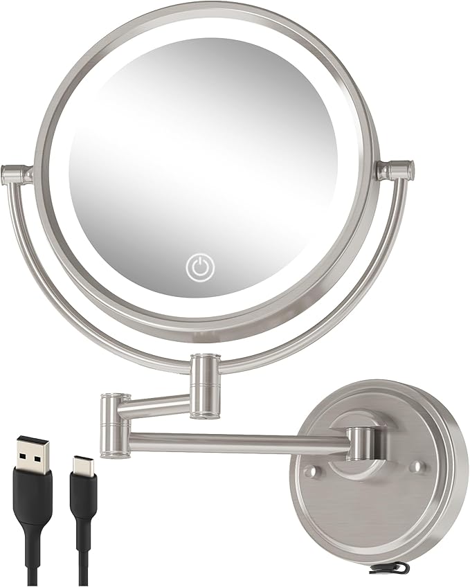 10" Large Wall Mounted Magnifying Mirror with Light, Rechargeable 1X/5X Double-Sided 3 Color 5000mAh Touch Dimmable Extended Arm 360 Rotation Vanity Mirror for Bathroom, Brushed Nickel