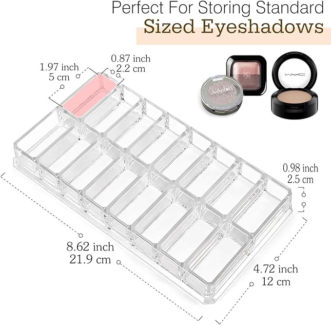 Luxspire Acrylic Eyeshadow Organizer, Makeup Drawer Organizer 16 Slots Cosmetic Makeup Organizer for Pots, Eyeshadows, Mini Highlighter Blush Display Storage Case Beauty Care Holder Container - Clear