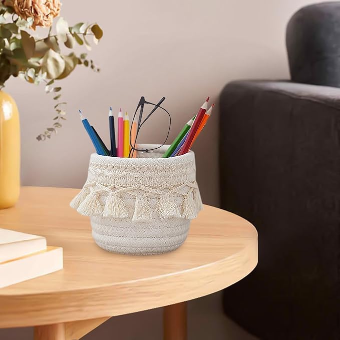 MSUIINT Macrame Makeup Brush Holder Organizer, Brushes Mini Storage Basket, Hand Woven Cotton Rope Basket, Boho Decor Baskets for Comb Cosmetics Pen Pencil Container (A)
