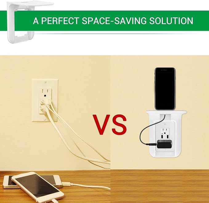 Outlet Shelf Wall Holder, Phone Charging Holder, Wall Shelf Organizer with Built in Cord Storage & Room for Bulky Plugs, Perfect for Bathroom, Kitchen