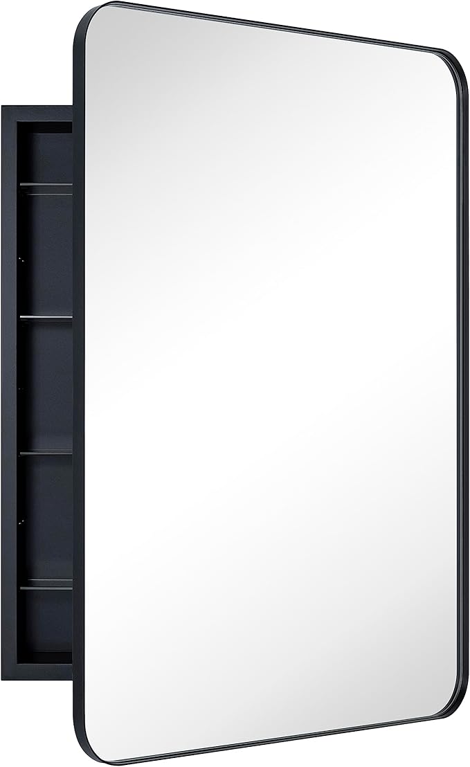Matt Black Rectangle Recessed Bathroom Medicine Cabinet with Mirror Stainless Steel Metal Framed Rounded Rectangular Bathroom Cabinet with Mirror 24x36''