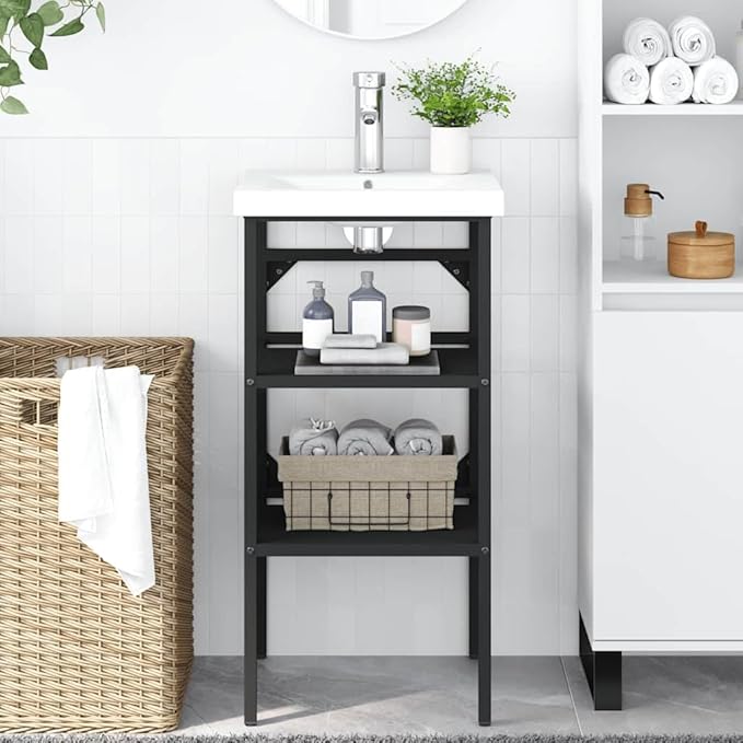 vidaXL Black Iron Bathroom Washbasin Frame - Durable Powder-Coated Console Sink Stand with Storage Space and Easy-Clean Surface, 15.7"x15"x32.7"
