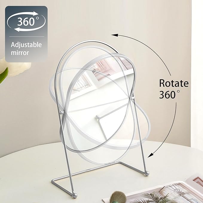 Tabletop Vanity Makeup Mirror, 360°Rotation Standing Desk Table Vanity Silver Make up Mirror for Bathroom or Bedroom