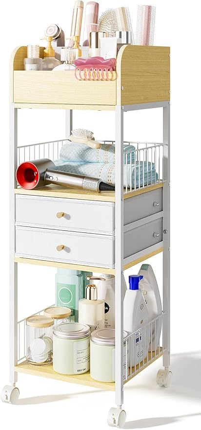 Makeup Organizer Storage Rolling Cart, Floor Bathroom Organizers with Drawers Wheels, Versatile Skincare Perfume Hair Nail Accessories Vanity Craft Organizer, for Dorm Kitchen Home White Metal Wood