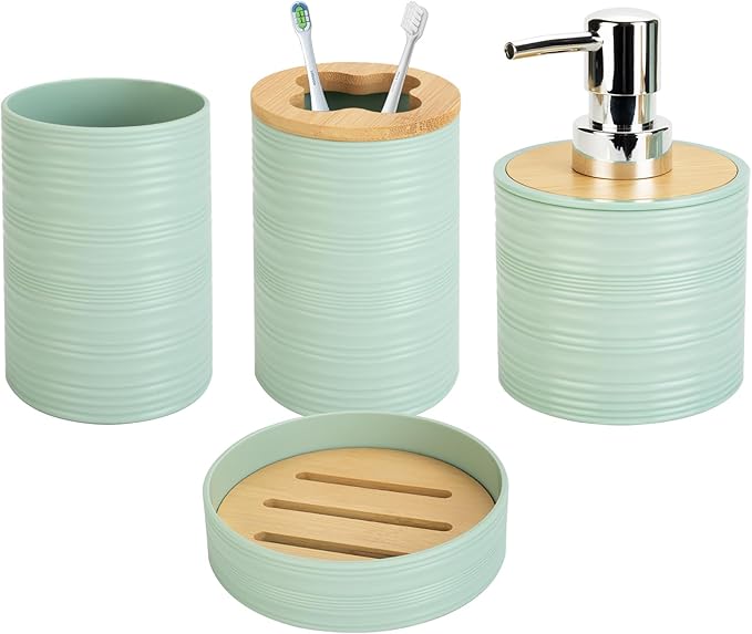 4 PCS Sage Green Bathroom Accessories Set, Includes a Soap Dispenser, Toothbrush Holder, Soap Dish and Mouthwash Cup, Plastics & Bamboo Bathroom Set, Bohemian Style Bathroom Sink Set