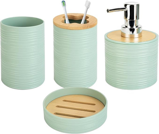 4 PCS Sage Green Bathroom Accessories Set, Includes a Soap Dispenser, Toothbrush Holder, Soap Dish and Mouthwash Cup, Plastics & Bamboo Bathroom Set, Bohemian Style Bathroom Sink Set