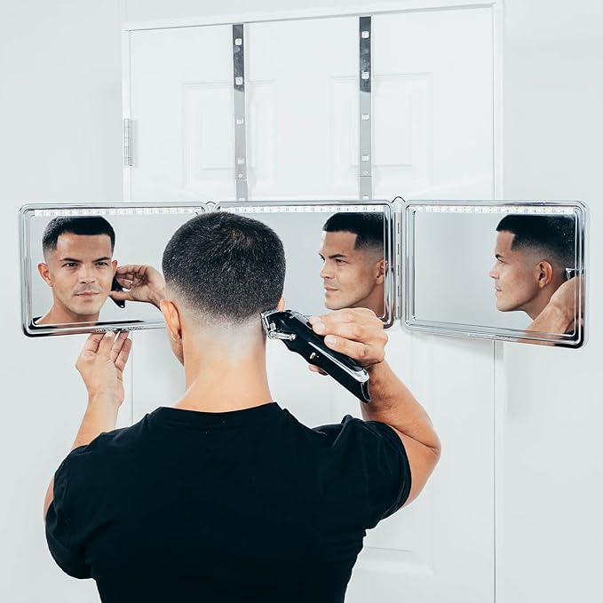 Self-Cut System LED 3 Way Mirror for Self Hair Cutting, Trifold Barber Mirror with Height Adjustable Hooks, 360 View, Includes Free Educational Mobile App (Heaven Lights)