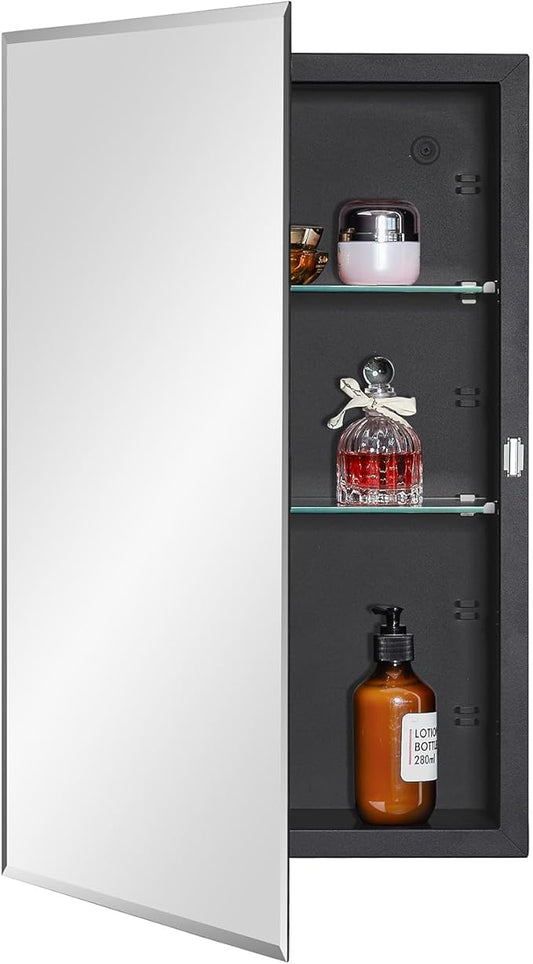 IDYLLOR Black Bathroom Medicine Cabinet with Beveled Edge Mirrored Door 15 x 24 inch, Recessed or Surface Mount, with Adjustable Glass Shelves