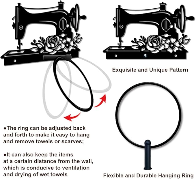 MAYJOYDIY Vintage Sewing Machine Metal Towel Ring Round Flower Hand Towel Holder Ring Hanger Wall Mount Black Vintage Towels Wall Organizer for Kitchen Bath Home Laundry Room Decors Gifts