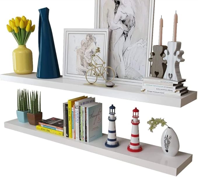 Set of 4 Floating Shelves 47.2 Inch Wall Mounted Display Ledge Modern White MDF Storage Rack for Living Room Bedroom Office Books Decor