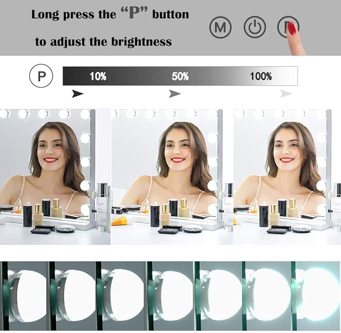 Filytop 22.8"x 18.1" Makeup Mirror with Lights,10X Large Hollywood Lighted Vanity Mirror with 15 Dimmable LED Bulbs,3 Color Modes,Touch Control,Tabletop or Wall-Mounted, White