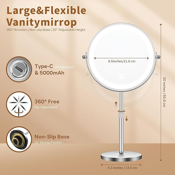 8.5" Lighted Makeup Mirror, 3000 mAh Rechargeable Double Sided Magnifying Vanity Mirror with 3 Colors, 1x/10x Magnifying, Brightness Adjustable Magnification Cosmetic Light up Mirror, Women Gift