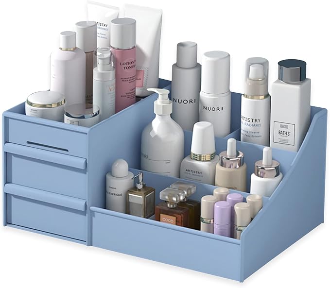 Makeup Desk Organizer With Drawers - Countertop Bathroom Skincare Organizer for Cosmetics, Vanity Holder for Lipstick, Brushes, Lotions, Eyeshadow, Nail Polish and Jewelry Sundries