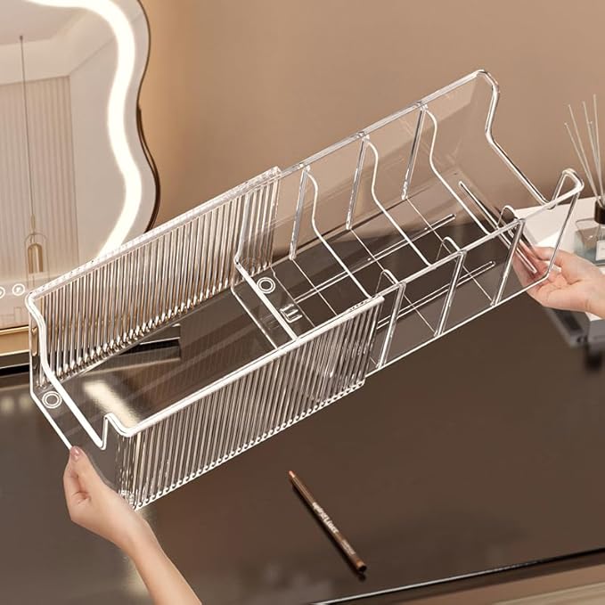 2 Pack Extendable Acrylic Makeup Organizer with Removable Dividers - Waterproof Bathroom Storage for Sheet Masks/Essences/Cosmetics, Clear Visible Design, Space-Saving Vanity Organizer