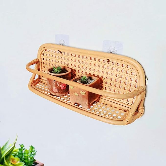 Hand Crafted Rattan Wall Shelf, Natural Rattan Hanging Storage Rack, Durable Wall Mounted Shelf for Bathroom Kitchen Living Room with Eco - Friendly Woven Design