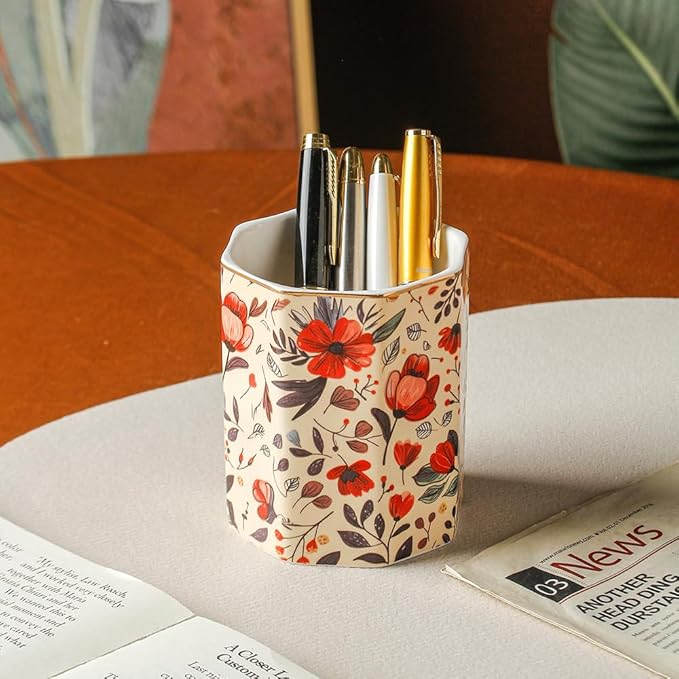 Ceramic Desk Holder Pen Holder Stand Pencil Cup Pot Desk Organizer Makeup Brush Holder (Flower-07)