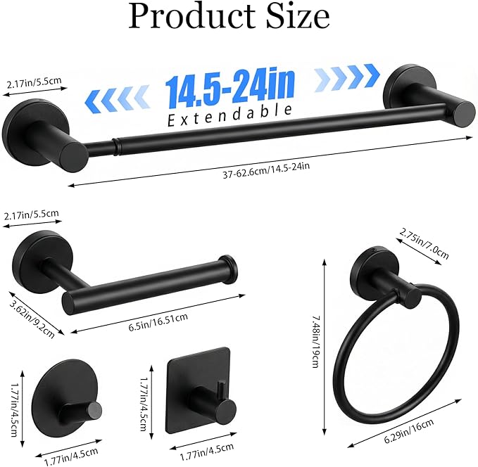 10-Pieces Matte Black Bathroom Accessories Set,Adjustable 14.5-24 Inch Bath Towel Bar Set, SUS 304 Stainless Steel Bathroom Hardware Set, Towel Racks for Bathroom Wall Mounted
