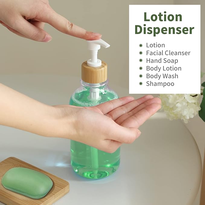 Fixwal Bathroom Soap Dispenser Set, Bamboo Bathroom Accessories Set of 6, Toothbrush Holder, Soap Dispenser, Soap Dish, Tray and 2 Plastic Qtip Medicine Jars with Bamboo Lid