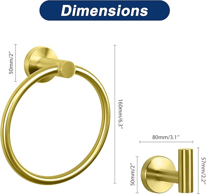 NearMoon 3 Pieces Bathroom Hardware Set, Bath Towel Ring and 2 Towel Hooks- Stainless Steel Hand Towel Hanger and Robe Hooks Accessories, Wall Mounted (Brushed Gold)