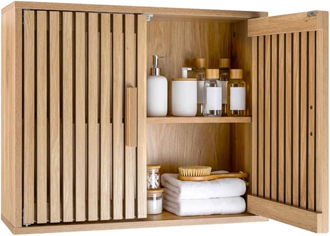 Bathroom Wall Storage Cabinet with Slatted Doors, Natural Engineered Wood, 24x8x20 Inch, Adjustable 3-Level Shelf, Magnetic Catches