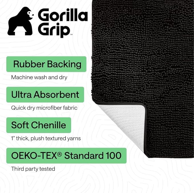 GORILLA GRIP Bath Rug Mat 36x24, Thick Soft Absorbent Chenille, Quick Dry Microfiber Mats, Rubber Backing Washable Shower Floor Rugs, Bathmat Runner, US Designed Bathroom Home Decor Accessories Black
