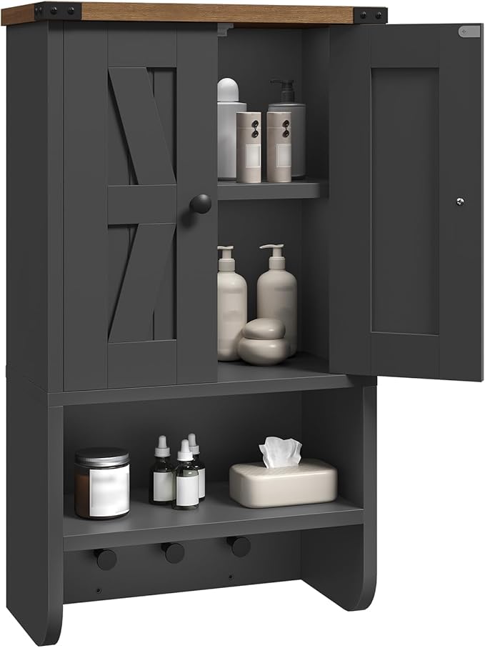 MAHANCRIS Bathroom Wall Cabinet, Farmhouse Medicine Cabinet with Adjustable Shelf, 3-Tier Wall-Mounted Storage Cabinet with 3 Hooks and Open Shelf, for Bathroom, Living Room, Kitchen, Black and Walnut