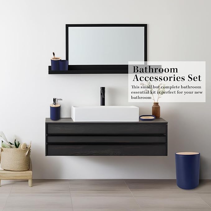 Britimes Bathroom Accessories Sets, Blue Shower Curtain Set with Trash Can, Soap Dispenser, Toilet Brush Holder, Toothbrush Holder and Toothbrush Cup for Bathroom Decor 72"*72"