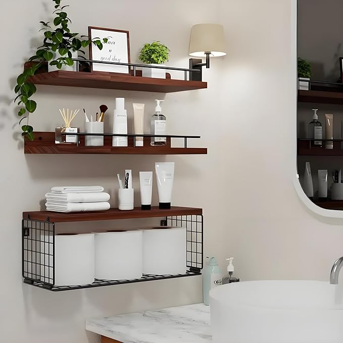 Bathroom Shelves Over Toilet, Set of 3 Wall Mounted Floating Shelves with Storage Basket Rustic Wood Shelf for Home Organization, Wall Decor for Bathroom, Kitchen, Living Room. (Brown)