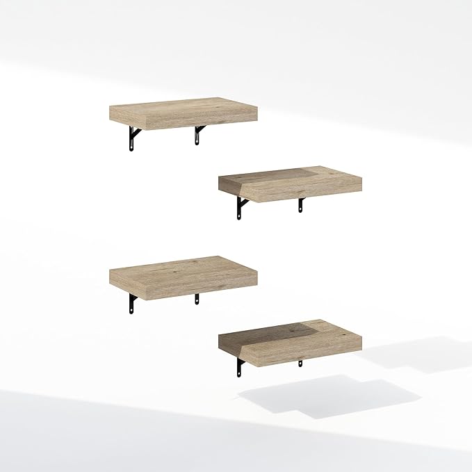 Furinno Tanna Floating Shelves for Wall Set of 4, 15-Inch Bathroom Wall Shelf, Wall Mounted Shelf, for Bathroom Organizers and Storage, Living Room, Natural