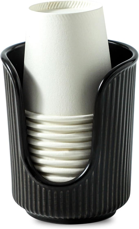 Dobbyby Ceramic Bathroom Cup Dispenser with Stylish Vertical Stripes - Disposable Mouthwash Cup Holder Holds 3-4oz Paper Cups for Rinsing Cups on Bathroom Vanity Countertops (Black)